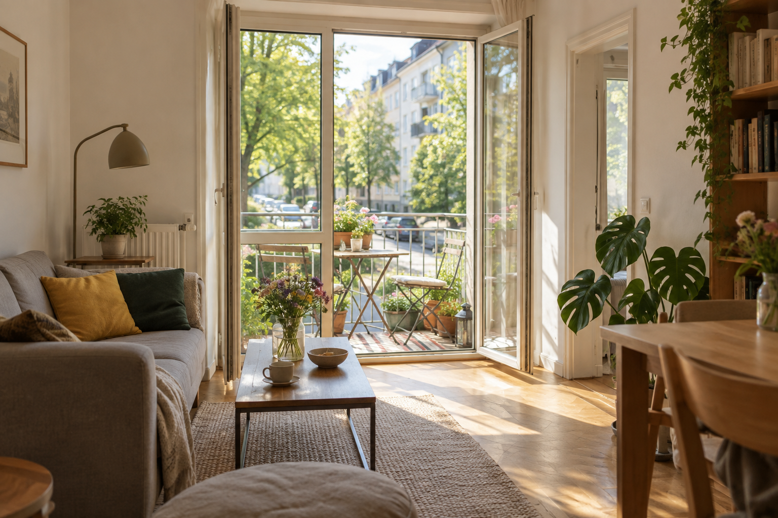 Helle kleinere Wohnung mit Balkon und Blick auf Bäume